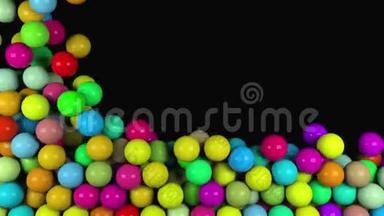 许多抽象的彩色光球落下，三维渲染电脑生成的背景